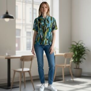 Allison Taylor XL Abstract Pleated Blouse Blue Green Retro Top